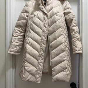 Kenneth Cole Long Puffer Coat with Removable Fur Trimmed Hood Size L Champagne